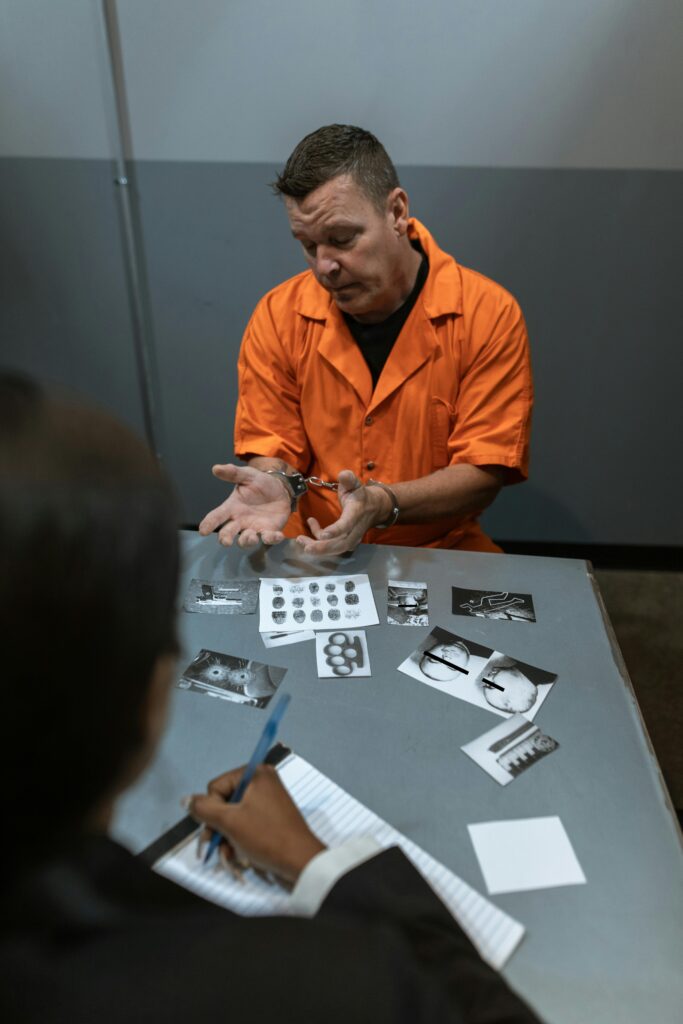 A prisoner in orange uniform is being interrogated, showcasing law enforcement dynamics.